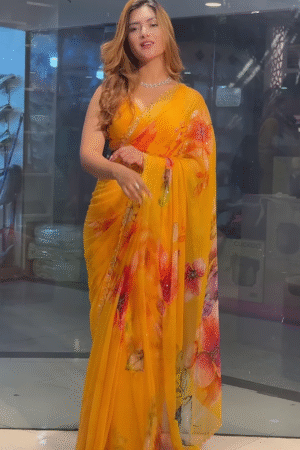 Yellow Chiffon Printed Saree