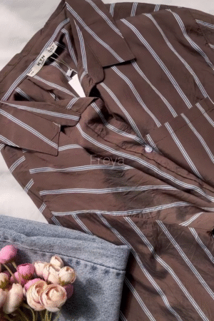 Brown Striped Button-Down Shirt with Subtle Sheen 🌰👔
