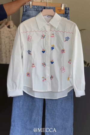 🌸 Floral Embroidery White Shirt with Blue Washed Jeans Set 💙