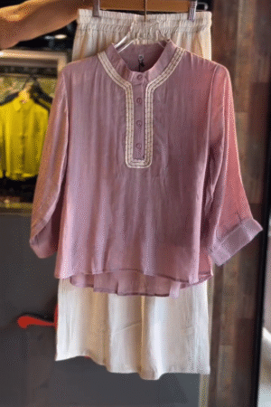 Mauve Pintuck Cotton Blouse with Ivory Palazzo – Pastel Grace for Effortless Elegance