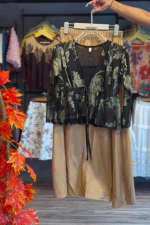 🌿 Elegant Sheer Black Floral Kimono with Golden Satin Dress Set 🌿