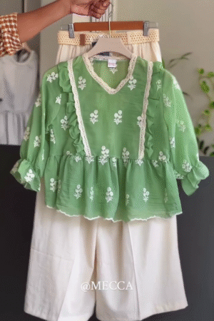 🍃“Mint Blossom Embroidered Peplum Top with Cream Culottes”
