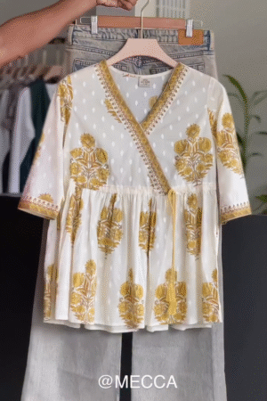 🌸“Golden Petal Wrap Kurta Top with Subtle Heritage Charm & Ivory Trousers”