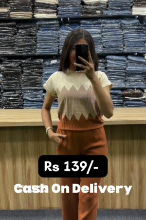 🌸 Elegant Dual-Tone Zigzag Pattern Knit Top with High-Waist Rust Pants – Premium Casual Co-Ord Set for Women | Soft Stretch Fabric | Stylish Everyday Wear |