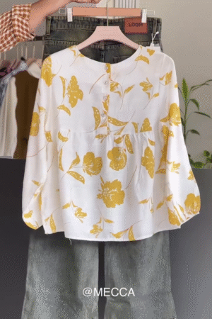 🌼“Sunshine Muse Mustard Floral Peplum Top with Olive Denim”