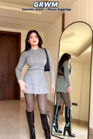 Grey Ribbed Knit Sweater Dress with Fleece Leggings for Chic Winter Styling 🌨️👗🖤