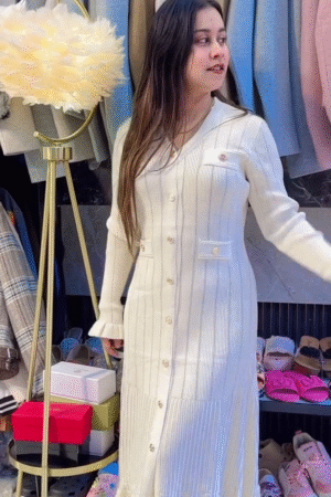  Ivory Ribbed Button‑Down Long Knit Dress with Gold Detail 🤍✨