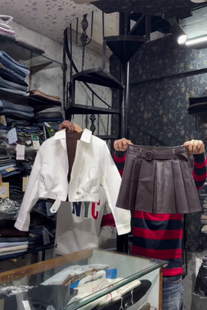 White Cropped Jacket with Brown Knit Inner and Pleated Faux Leather Mini Skirt Set 🤎🤍