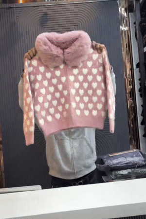 Fluffy Pink Heart Print Zip Cardigan with Faux Fur Collar❄️