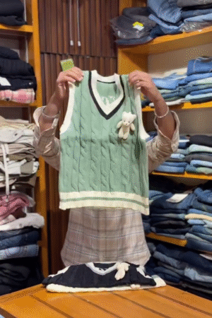 Mint Cable Knit Sleeveless V‑Neck Sweater Vest with Plush Teddy Charm 💚🧸