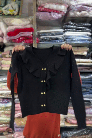 Elegant Black Ruffle Front Gold Button Knit Cardigan 🖤✨