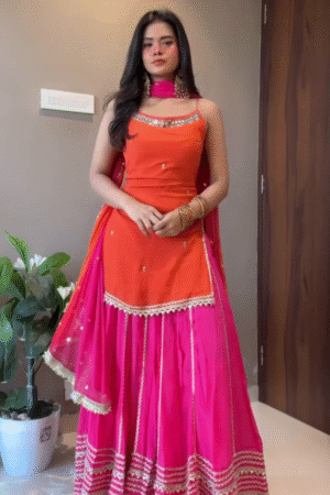 Radiant Orange & Pink Contrast Lehenga Set with Mirror-Work Detailing & Elegant Dupatta β¨π§‘ππ
