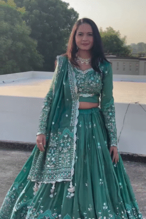 Enchanted Emerald Mirror-Work Embroidered Festive Lehenga Set with Luxe Dupatta & Full-Sleeve Blouse ✨💚🌿