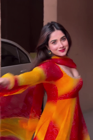 Sunset Radiance Fusion Anarkali Set in Fiery Red & Golden Yellow with Soft-Flare Silhouette & Printed Dupatta ✨🔥🌼❤️