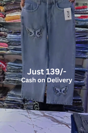 Light Blue Straight-Cut Mid-Rise Denim Jeans with Dual Embroidered Butterfly Motifs 🦋💎
