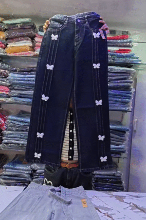 Dark Blue Wide-Leg High-Waist Denim Jeans with Vertical Double Stitch Panels & White 3D Butterfly Appliqué Detailing 🦋✨