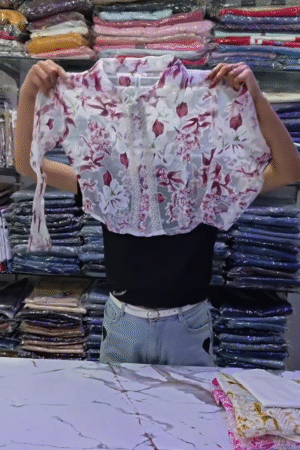 White Base Floral Printed Sheer Crop Top with Maroon Blossom Design & Front Pearl Lace Detailing 🌺🤍