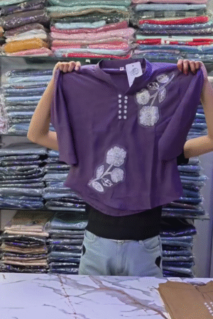 Deep Purple Mandarin Collar Short Kurti Top with Silver Floral Sequin Embellishment ✨💜