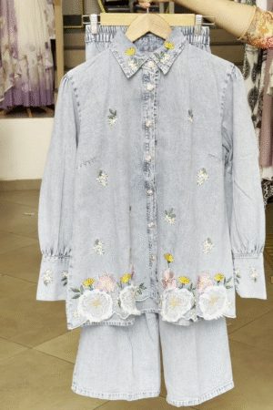 Light Wash Denim Embroidered Floral Co-Ord Set with Long Shirt Top & Wide-Leg Culotte Pants 🌸👖