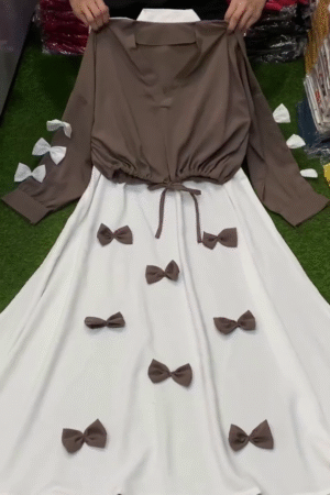Brown Long-Sleeve Drawstring Waist Cropped Top with Off-White Flared A-Line Bow Appliqué Maxi Skirt Co-Ord Set 🎀🤎🤍
