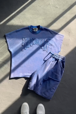 Washed Indigo Blue Gradient Sleeveless Oversized Graphic Lounge Co-Ord Set with Raw Edge Tee & Elastic Waist Pocket Shorts 💙✨