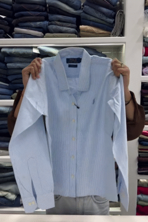 Sky Blue & White Vertical Pinstripe Full-Sleeve Classic Collar Button-Down Formal Shirt with Chest Logo Detail 👔💙