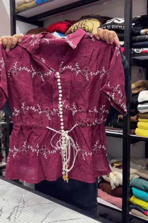 Vintage Wine Maroon Floral Vine Embroidered Short Sleeve Collared Peplum Top with Front Button Detailing & Adjustable Waist Tie 🎀🌺🍷