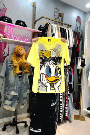 Neon Yellow Oversized Cartoon Graphic Streetwear T-Shirt with Bold Front Character Print