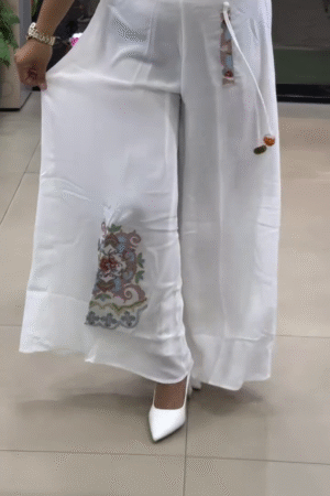 Elegant White Wide-Leg Palazzo Pants with Ethnic Floral Embroidery Patch & Adjustable Drawstring 🌿🤍👖