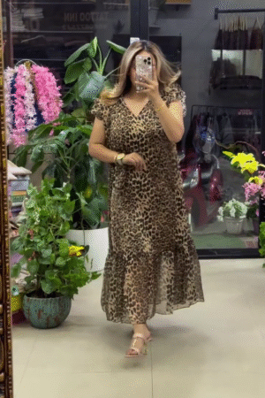 Elegant Brown & Black Leopard Animal Print V-Neck Cap Sleeve Tiered Flowy Maxi Dress with Soft Ruffle Hem & Lightweight Sheer Overlay 🐆🤎🖤✨