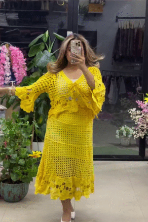 Bright Sunflower Yellow Crochet Lace Two-Piece Dress Set with Bell Sleeves & Layered Skirt 🌻💛✨