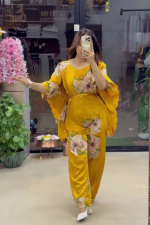 Mustard Yellow Floral Printed Co-Ord Set with Flowy Cape Sleeves Top & Straight Pants 🌼
