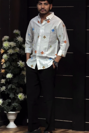 Classic White Multicolor Floral Embroidered Men’s Full Sleeve Button-Down Shirt with Spread Collar 🌼🤍👔