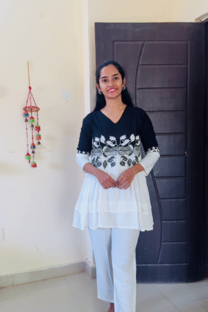 Elegant Black & Ivory Layered Peplum Kurti with Leaf Embroidery Yoke & Matching Straight Pants Set 🌿🖤🤍