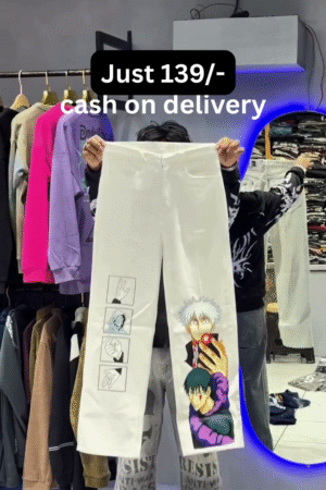 White Straight-Fit Graphic Printed Denim Pants with Vertical Anime Character Panel Artwork & Hand Gesture Sketch Blocks 👖🤍🎨