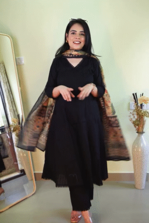 Classic Solid Black A-Line Kurta Set with Scalloped V-Neck Detailing, Matching Straight Pants and Printed Traditional Dupatta