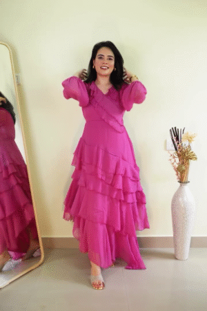 Bright Fuchsia Pink Layered Ruffle Wrap-Style Maxi Dress with V-Neckline, Elbow Puff Sleeves and Asymmetrical Tiered Hemline