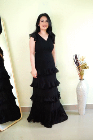 Solid Black V-Neck Layered Ruffle Sleeve Floor-Length Maxi Dress with Multi-Tier Flared Hemline