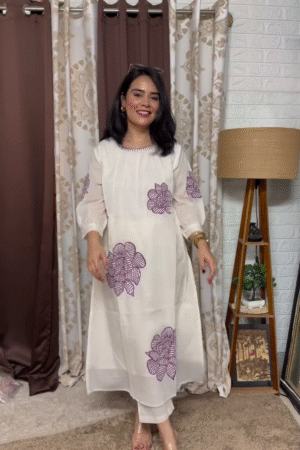 Cream Straight-Cut Kurta with Purple Abstract Floral Prints and Matching Narrow Pants Ethnic Set