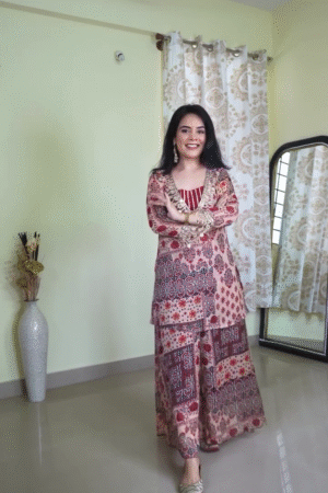 Beige and Maroon Traditional Printed V-Neck Kurta with Matching Wide-Leg Printed Palazzo Pants and Ethnic Motif Detailing