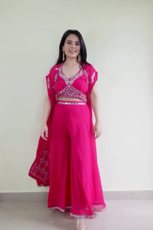 Hot Pink Mirror-Work Embroidered Crop Blouse with Matching High-Waist Flared Palazzo Pants and Coordinated Embellished Dupatta