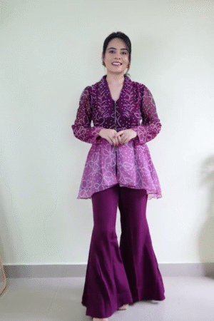 Dual-Tone Plum and Lavender Ethnic Peplum Top with Intricate Bandhani-Inspired Print and Front Zip Closure Paired with Solid Plum Wide-Leg Palazzo Pants