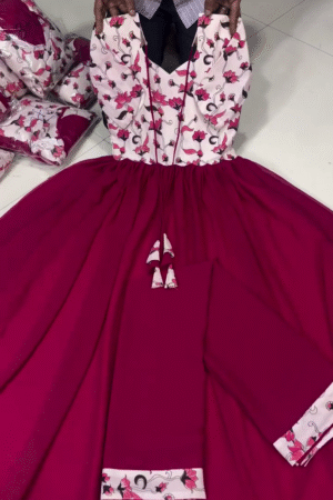 White & Pink Floral Printed Bodice with Deep Magenta Flared Anarkali Gown – Contemporary Fusion Celebration Dress