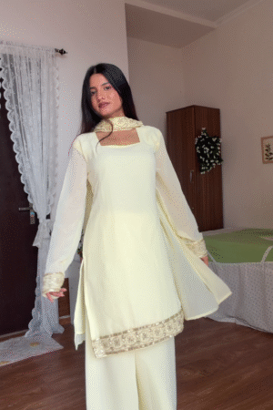 Pastel Lemon Yellow Straight Suit with Gold Embroidered Borders, Sheer Sleeves & Matching Palazzo – Minimal Grace Festive Outfit