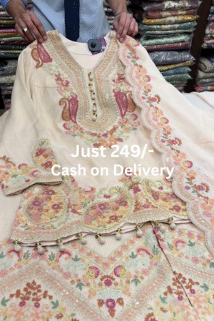 Cream Beige Pastel Embroidered Short Kurti with Multicolor Threadwork & Tassel Hem Paired with Matching Straight Pants – Elegant Boutique Festive Set