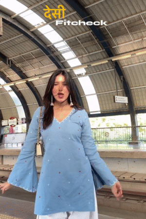 Sky Blue Bell Sleeve Straight Kurti with White Palazzo Everyday Chic Set