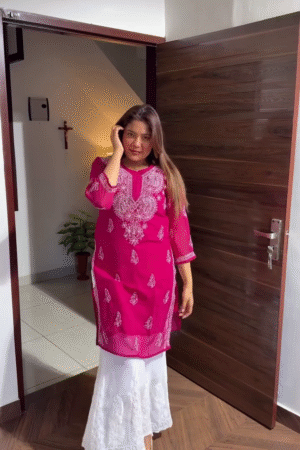 Pink Embroidered Kurti with Elegant White Lace Palazzo Set