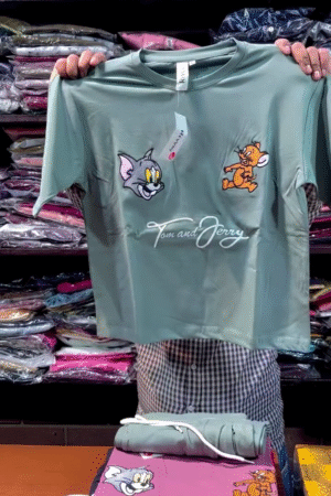 Green Cartoon Cat-and-Mouse Graphic Casual T-Shirt Bottom Set