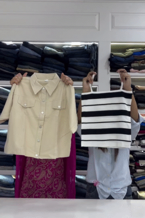 Crop Shirt & Black-White Horizontal Stripe Knit Camisole Top