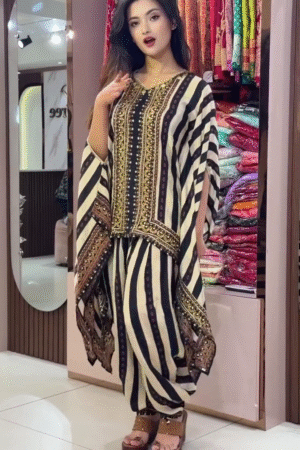 Vertical Stripe Designer Kaftan Style Kurti with Relaxed Pants